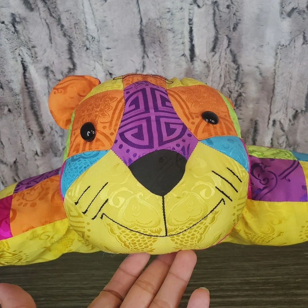 Quilted Asian Nylon Brocade Cat Pillow With Plush Kitty Head‎ PATCHWORK BRIGHT